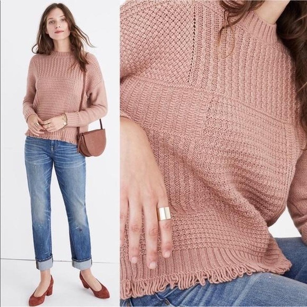 Madewell Womens Merino Wool Blend Knit Fringed Sweater Dusty Rose XS
